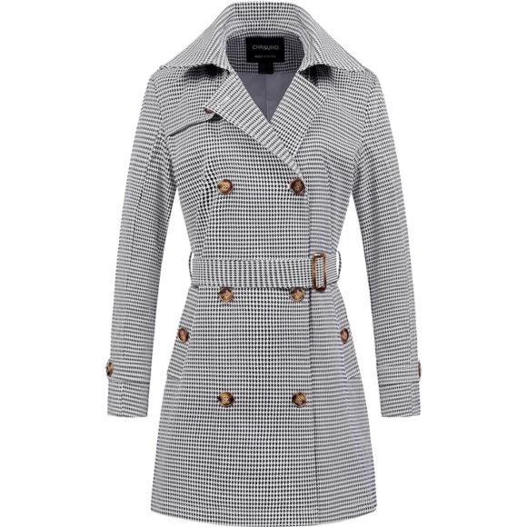 Women's Double Breasted Trench Coats Mid-Length Belted Overcoat with Hood